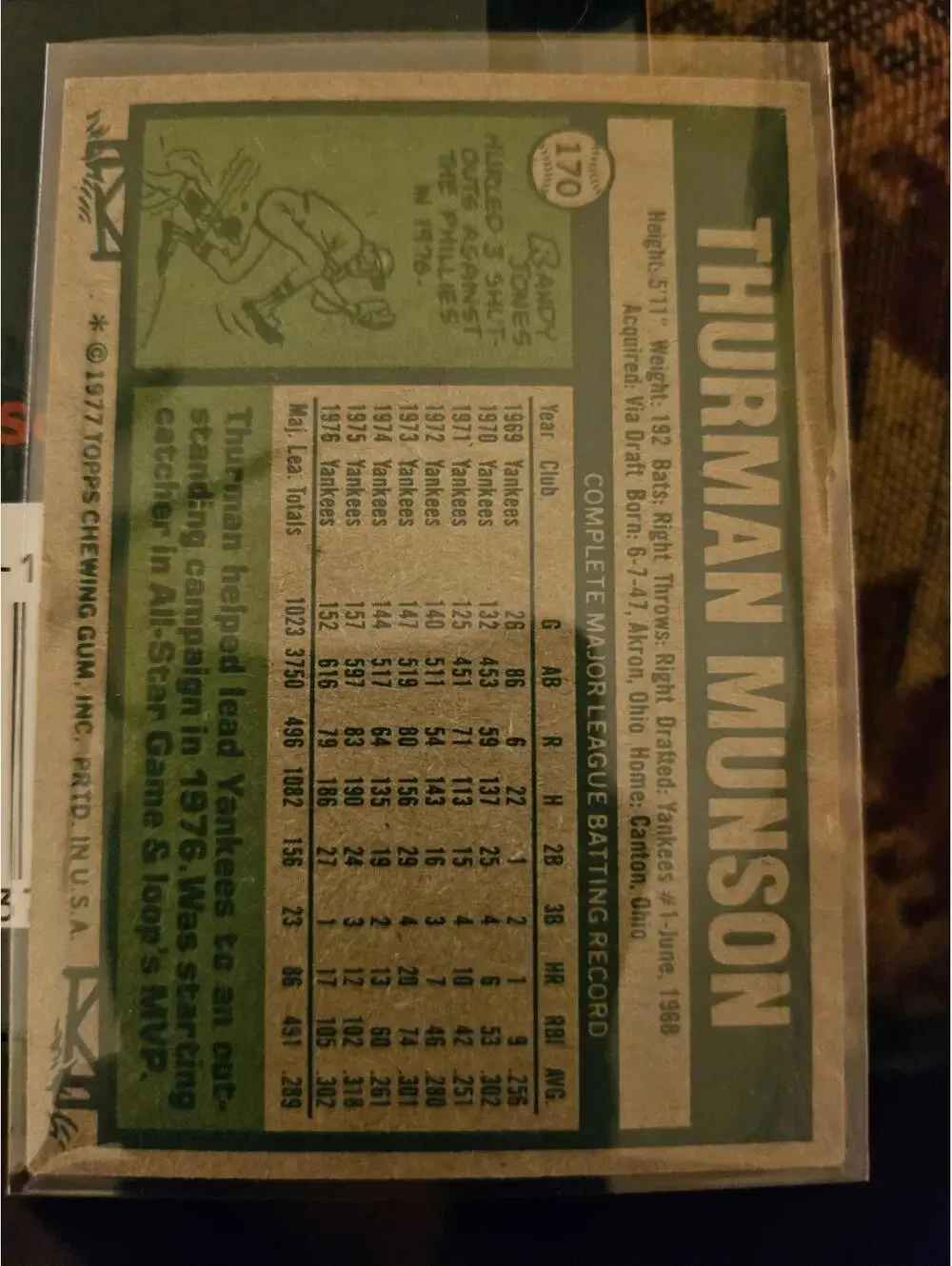 1977 Topps Baseball Card Thurman Munson #170 - excellent condition - Picture 2 of 2